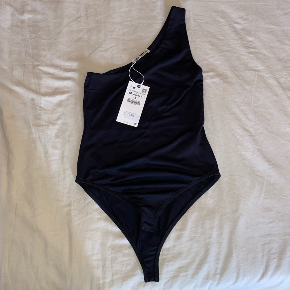 Zara Asymmetric Black Bodysuit